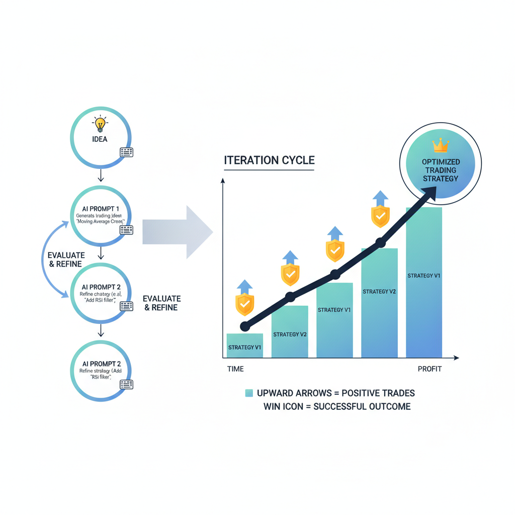 Iterative flowchart of AI prompts evolving into a trading strategy graph with upward arrows and win icons