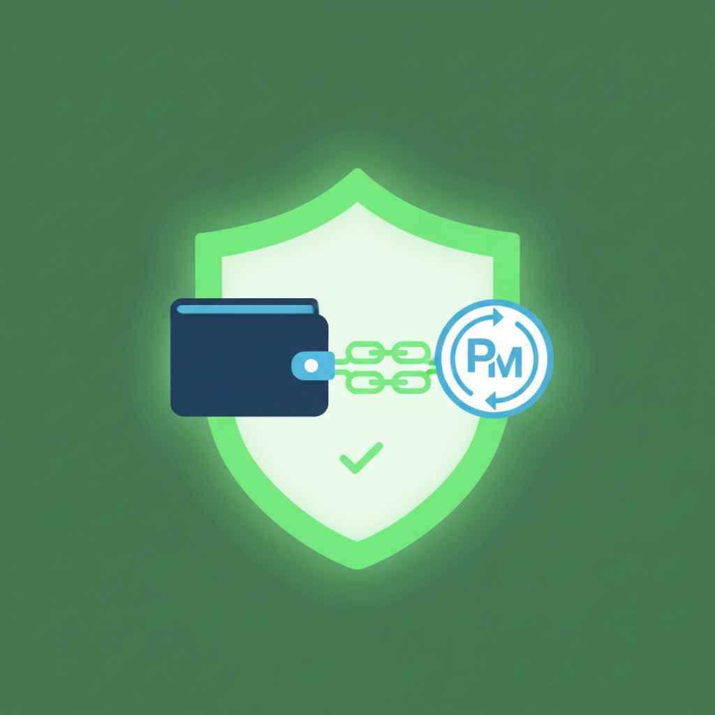 Digital wallet icon connecting to Polymarket via secure chain links, glowing green shield for safety
