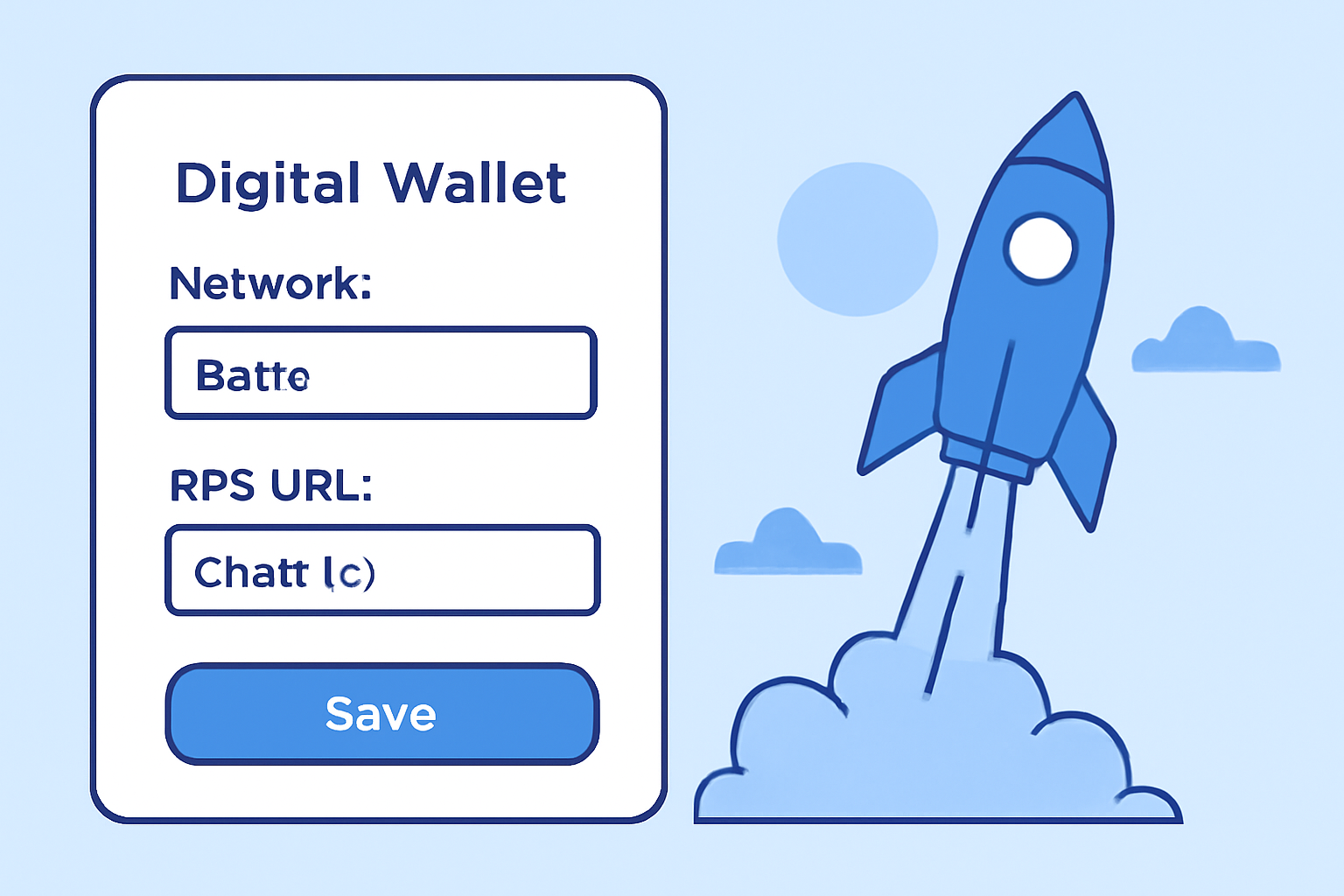 A digital wallet interface being configured with Base network settings, with a rocket launching in the background.