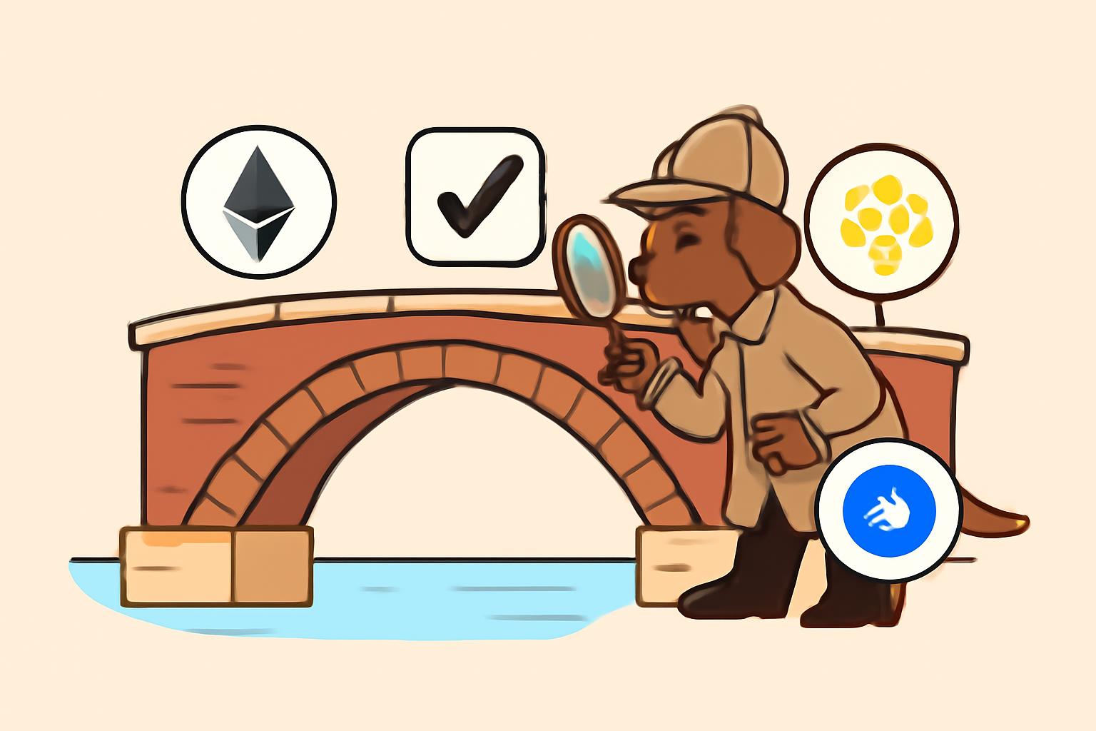 A detective dog inspecting a blockchain bridge, searching for compatibility signs between Ethereum, BNB Chain, and Base network.