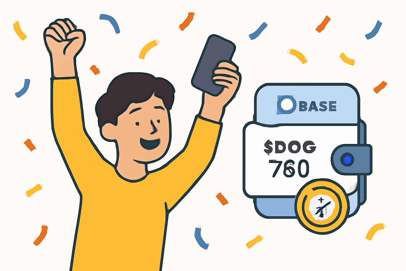 A person celebrating as $DOG tokens appear in their Base wallet, confetti flying everywhere.