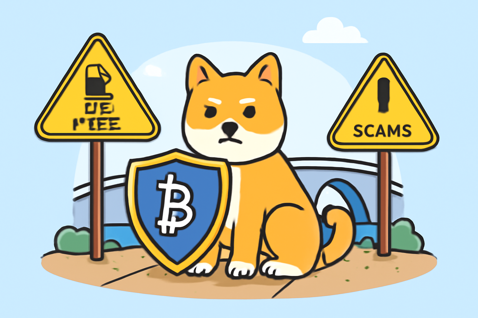 A shielded dog guarding a crypto bridge, warning signs for gas fees and scams nearby.