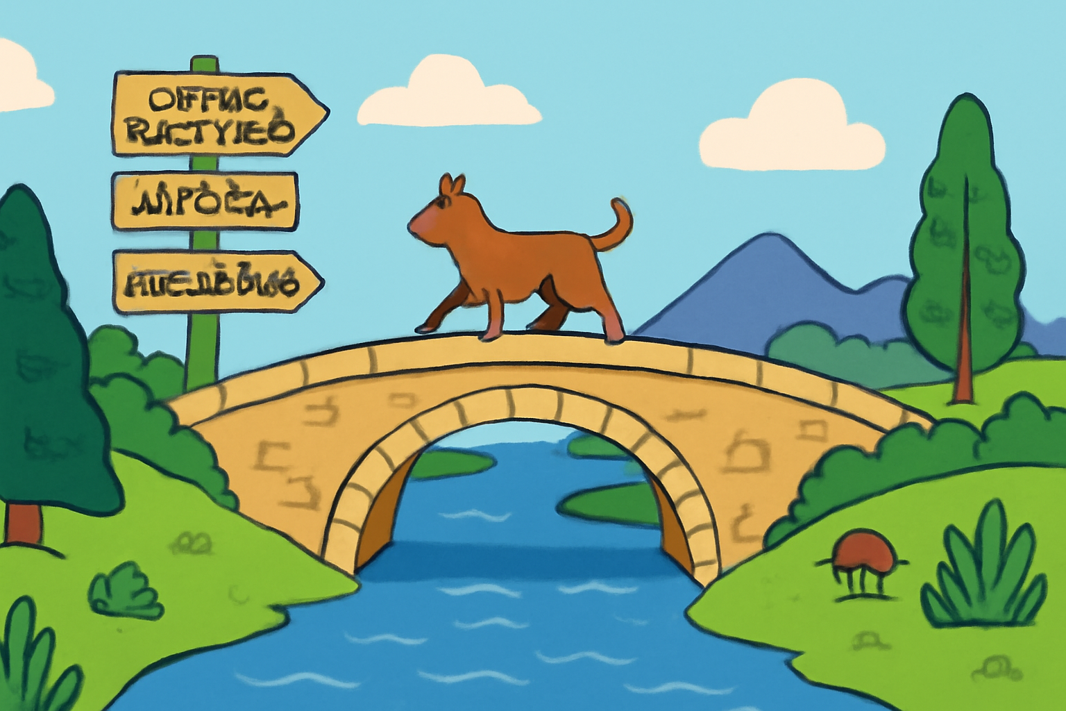 A fantasy bridge over a river, with signs pointing to 'Official Base Bridge', 'deBridge', and 'Celer cBridge', and a dog crossing.