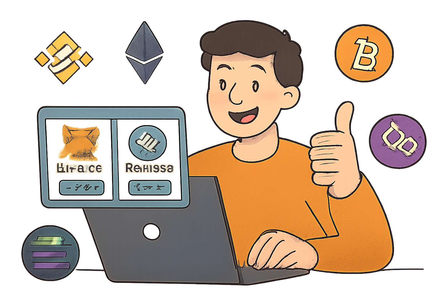 A cheerful person installing MetaMask and Bitget Wallet on a computer, surrounded by floating blockchain logos.