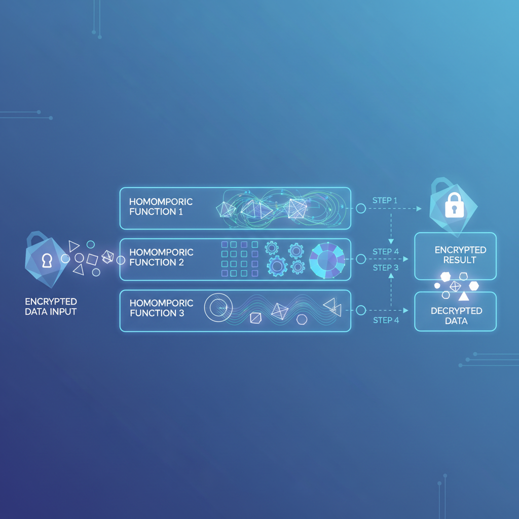 abstract visualization of encrypted data flowing through homomorphic computation layers, ethereal blue tones, technical diagram style