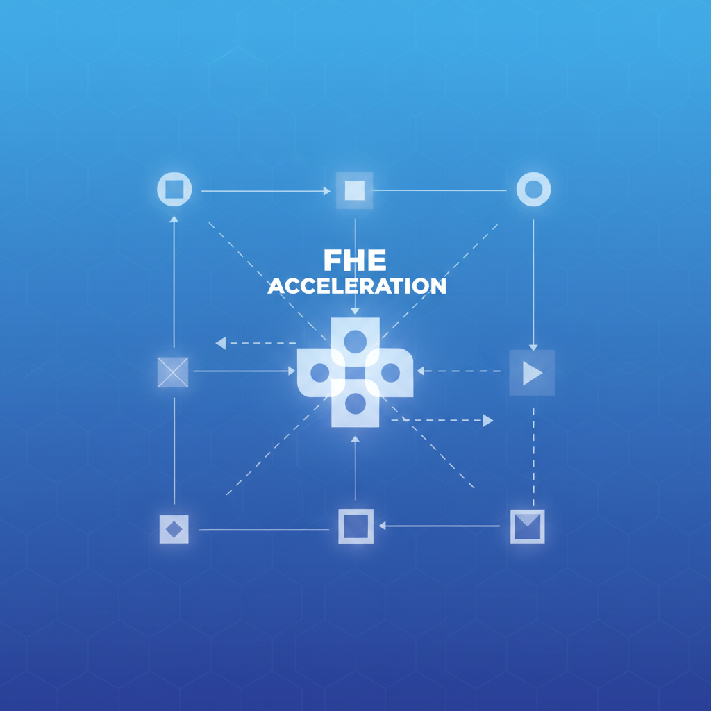 network of decentralized nodes accelerating FHE computations, interconnected glowing nodes, futuristic grid