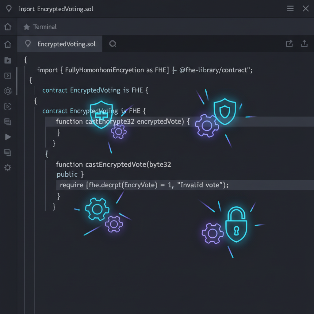 smart contract code snippet integrating FHE library, glowing encryption symbols, dark developer IDE background