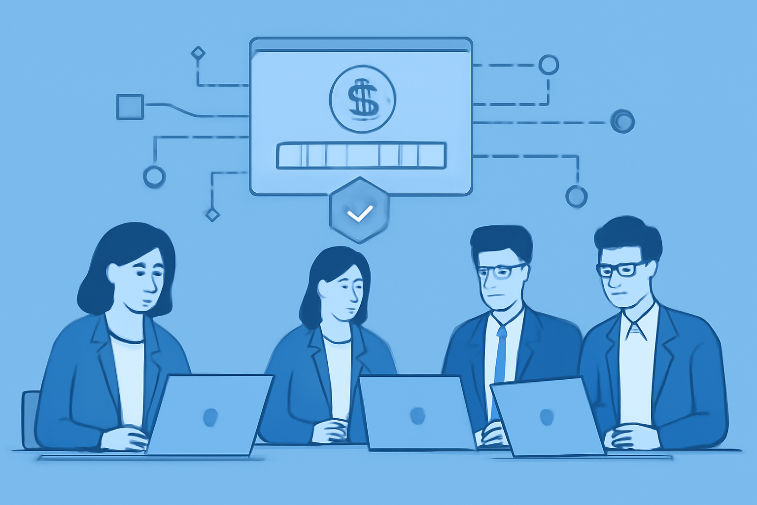 professional team verifying crypto wallet addresses on laptops, secure digital interface, blue tones