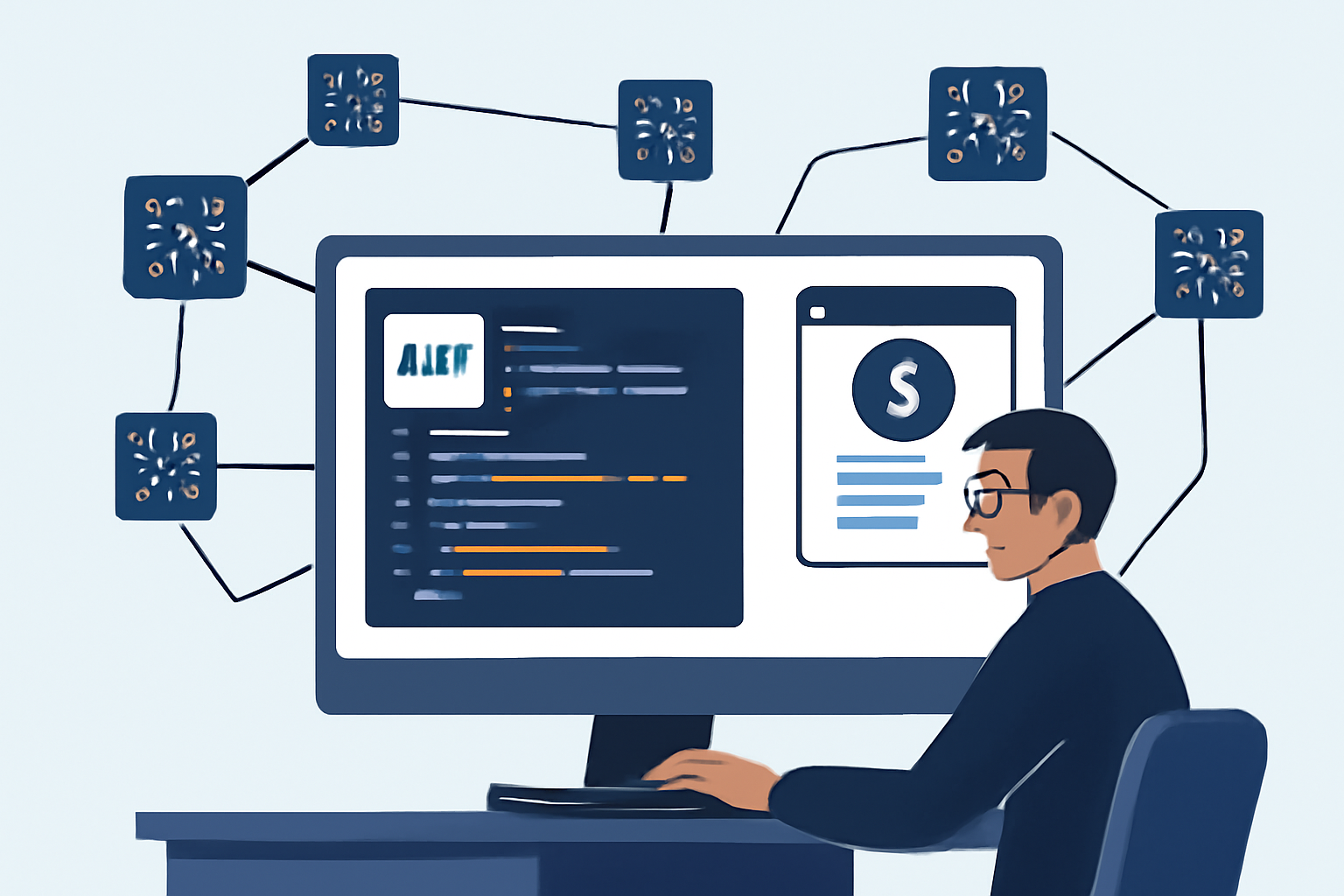 developer integrating API code for payroll platform on screen, blockchain nodes connecting, modern tech style