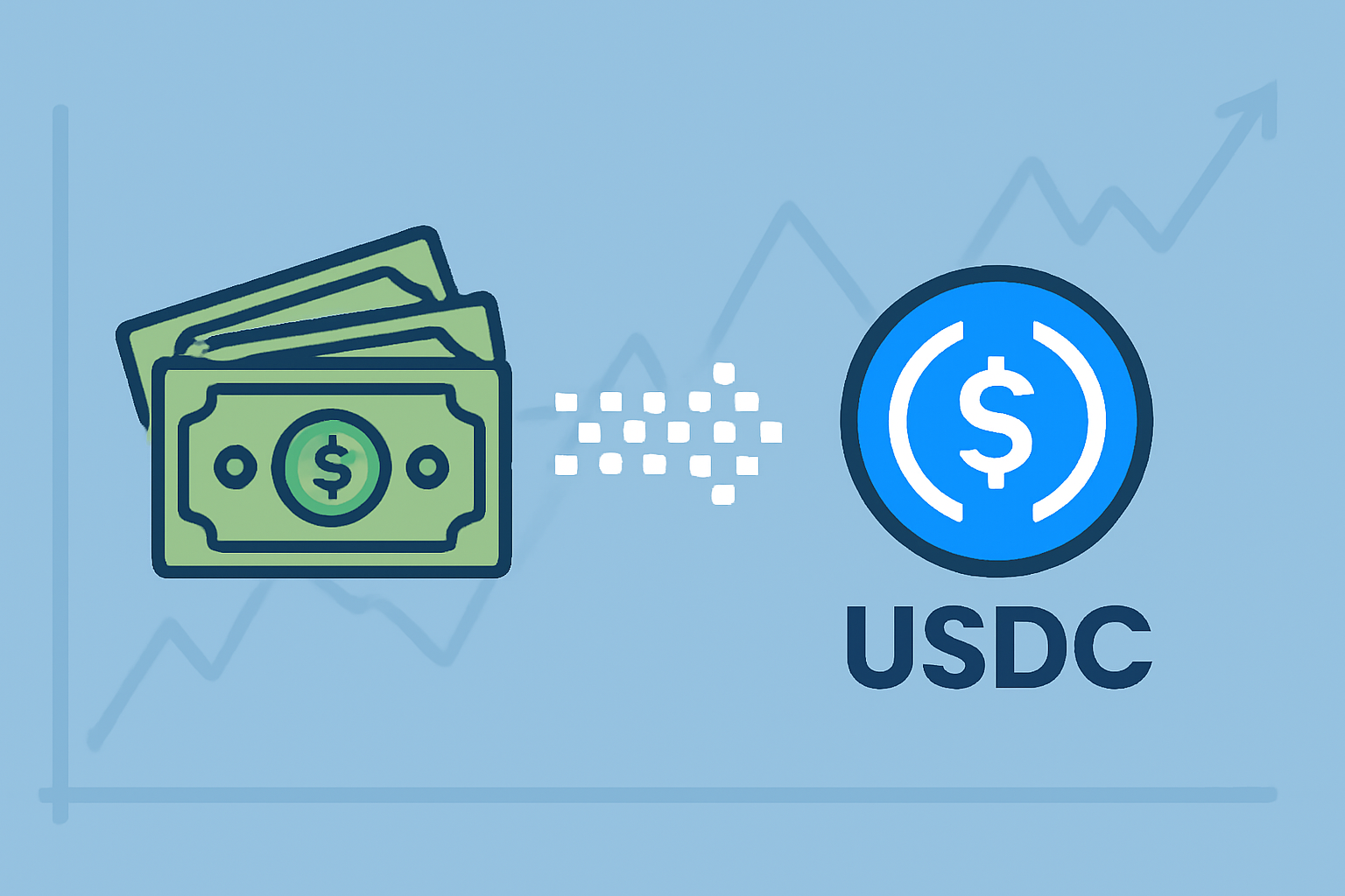 fiat dollar bills transforming into USDC coins via digital bridge, financial graph background