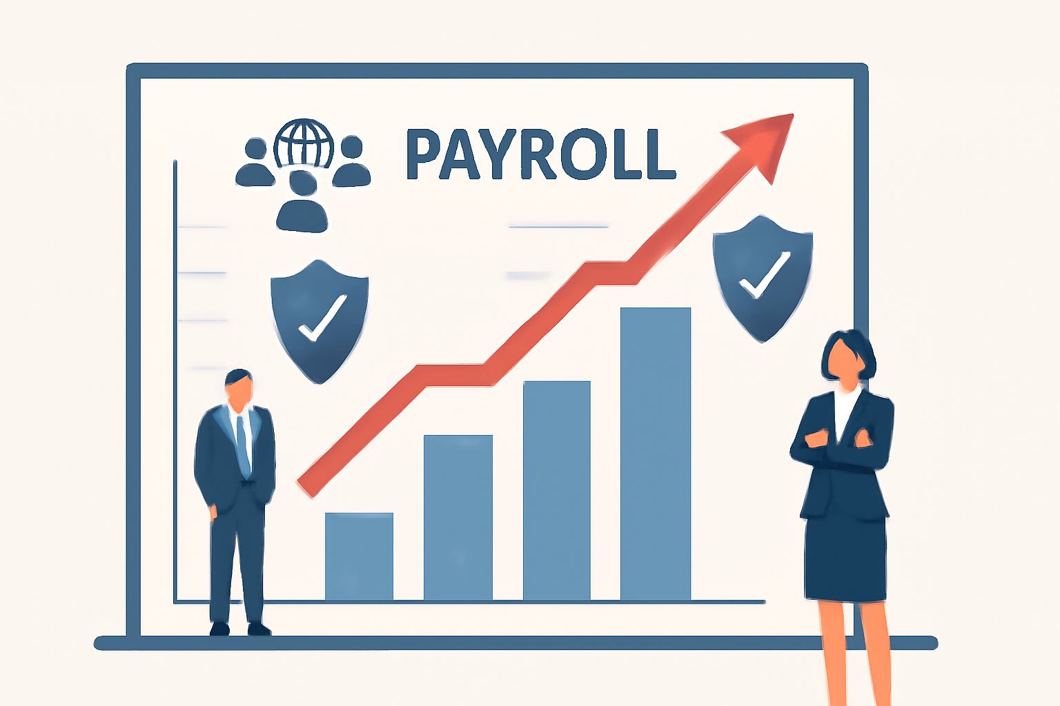 scaling payroll graph upward with compliance shields, global team icons, authoritative corporate style