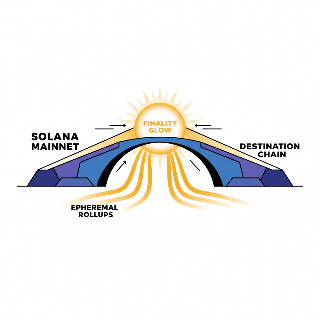 solana mainnet bridge with ephemeral rollups merging, golden finality glow
