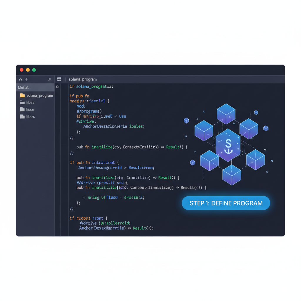 rust code editor with anchor solana program, holographic blockchain elements