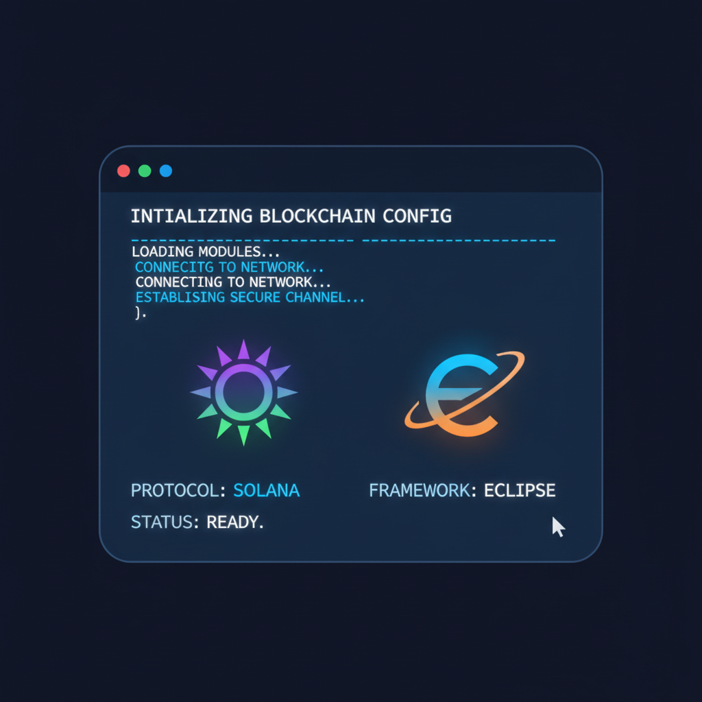 futuristic CLI terminal initializing blockchain config with Solana and Eclipse logos glowing