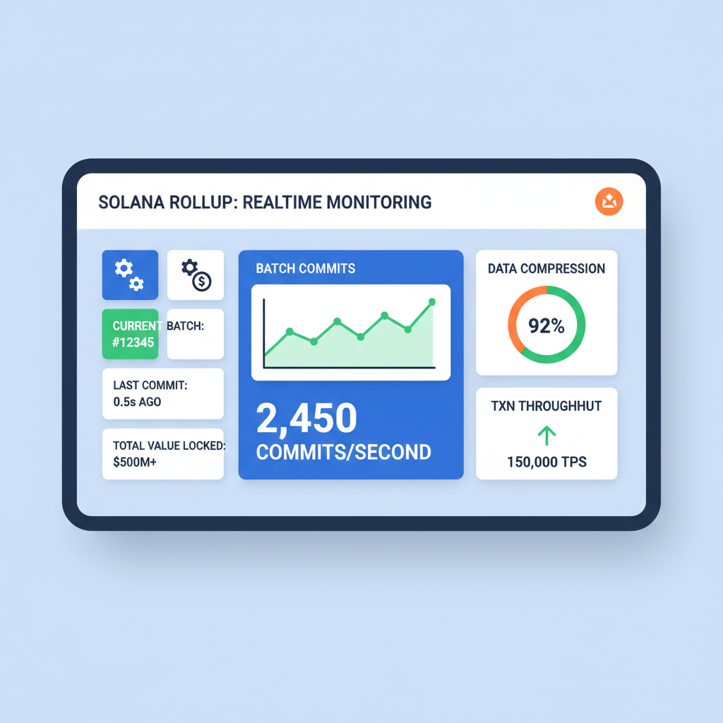 dashboard screen showing real-time batch commits and metrics for Solana rollup