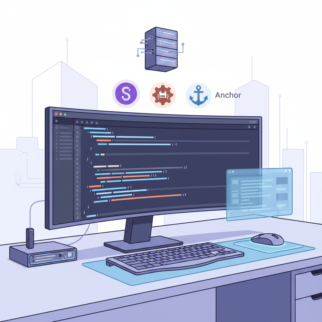 developer workstation with Solana Rust Anchor icons glowing, futuristic setup