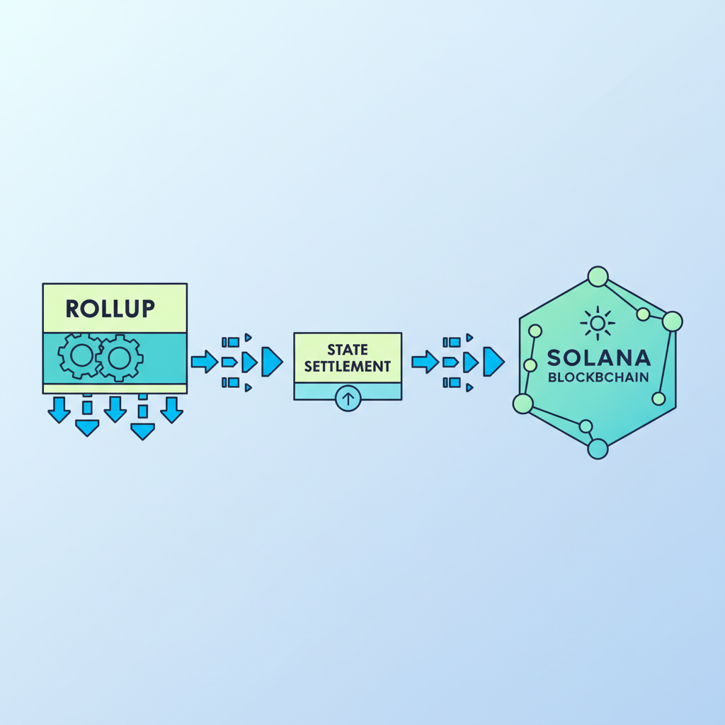 state settlement visualization with data flowing from rollup to Solana blockchain