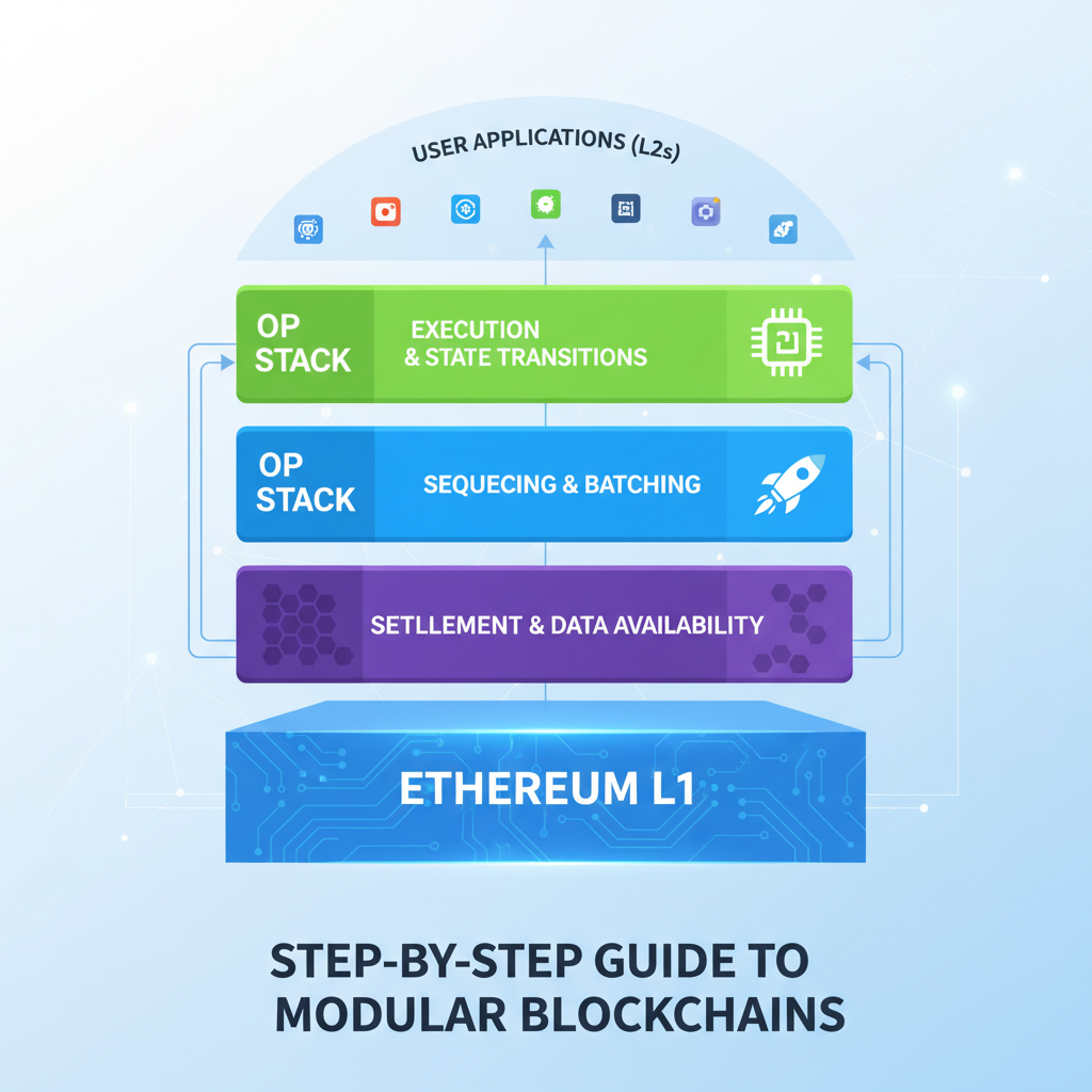OP Stack blockchain diagram, modular layers, Ethereum L2 futuristic design