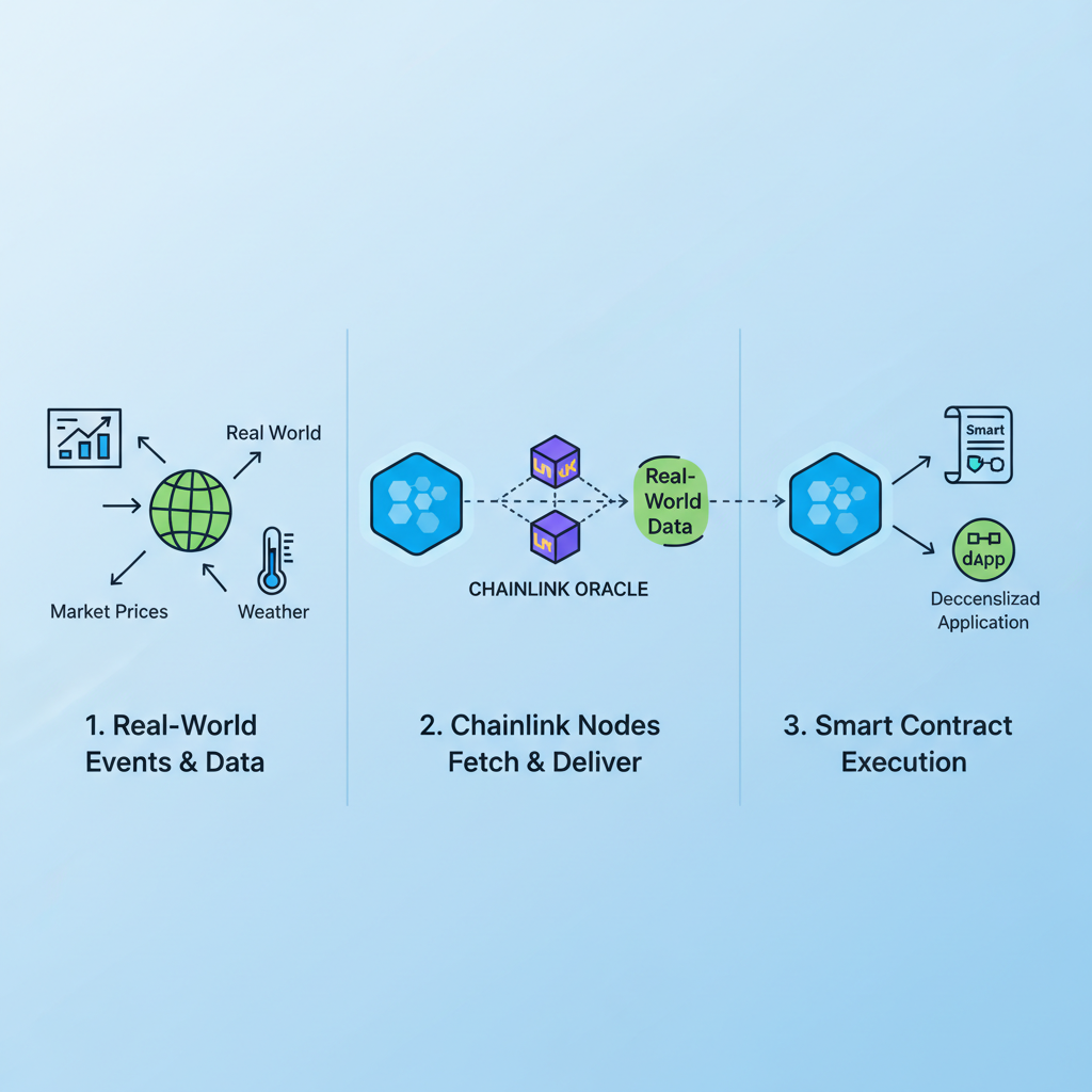 Blockchain oracle integration, real-world data feeds, Chainlink nodes connecting worlds