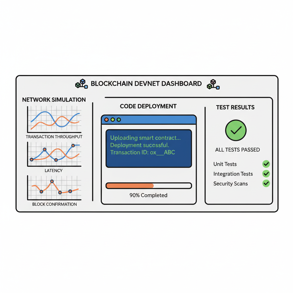 Blockchain devnet testing dashboard, code deployment, simulation graphs
