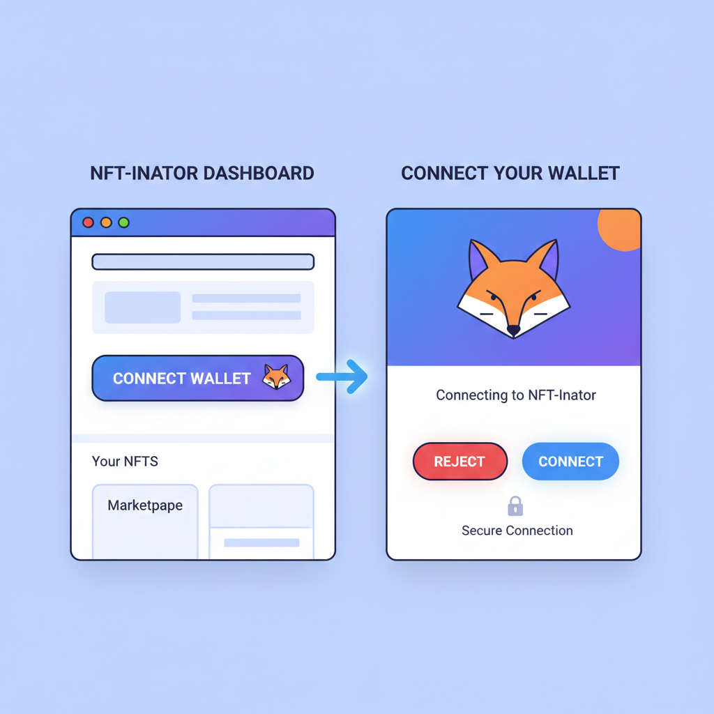 simple illustration of connecting MetaMask wallet to NFT-Inator dashboard, clean UI, web3 style