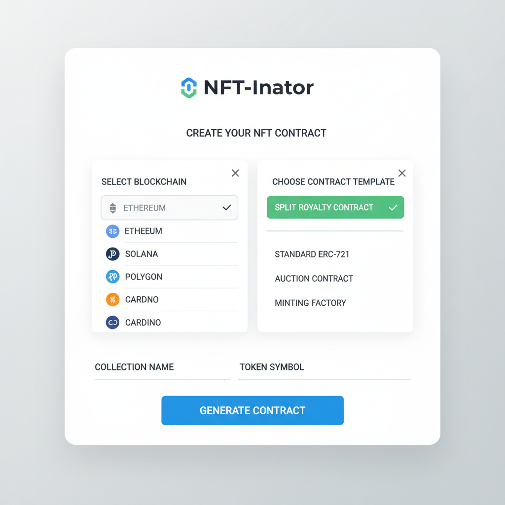 NFT-Inator interface selecting blockchain chain and split contract template, dropdown menus, professional design
