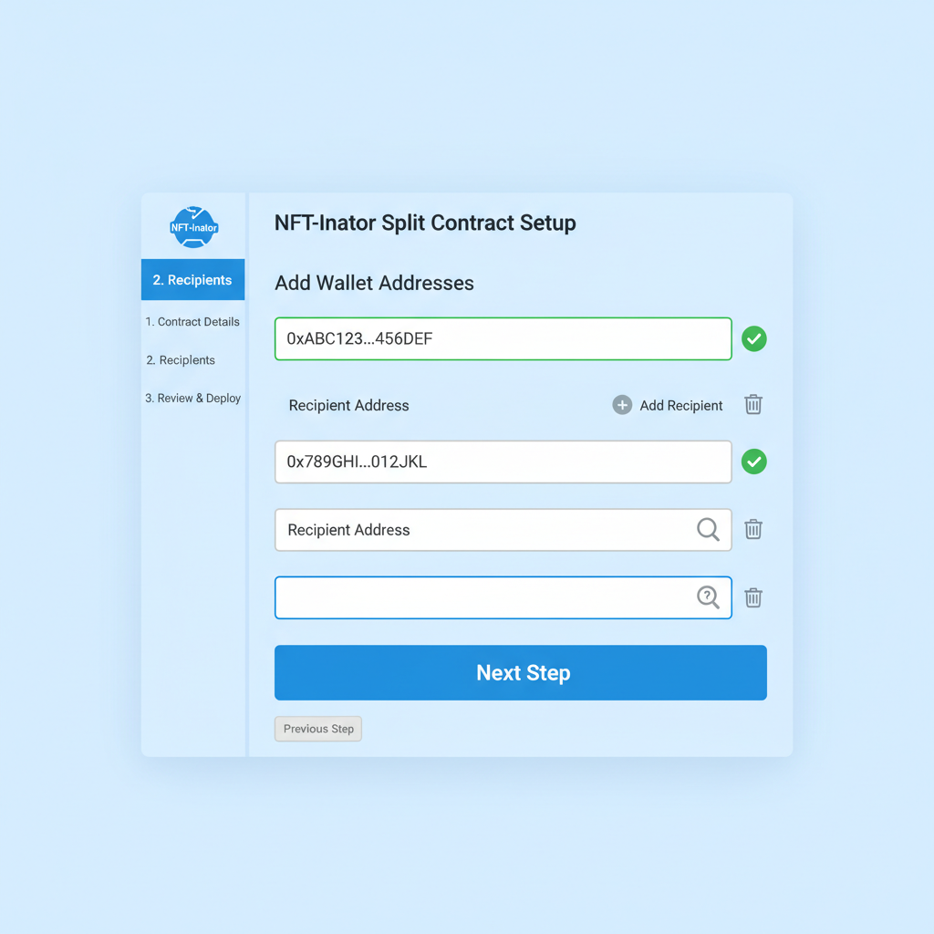 adding wallet addresses to recipients list in NFT-Inator split contract setup, address input fields, verification icons