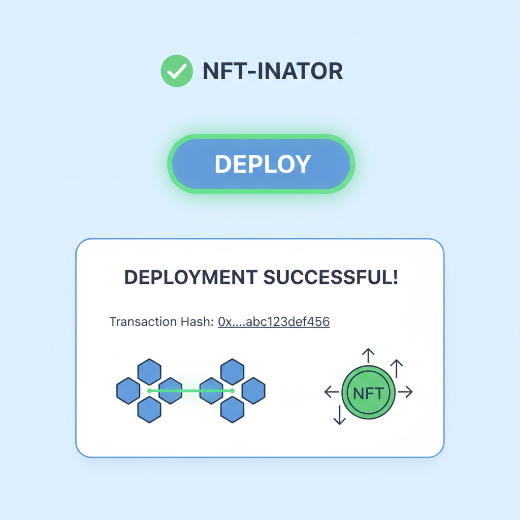 deploy button clicked on NFT-Inator, success confirmation screen with transaction hash, blockchain animation