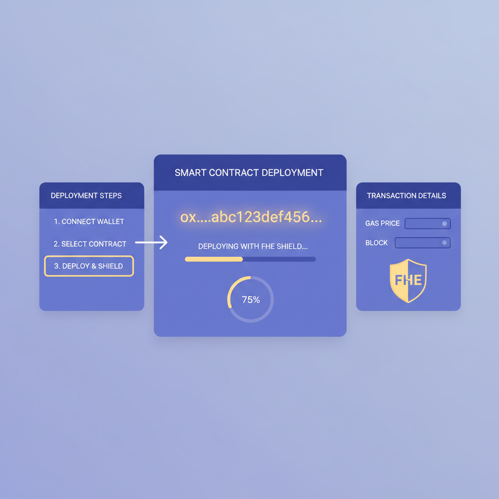Ethereum testnet deployment dashboard, smart contract deploying with FHE shield, transaction hash glowing