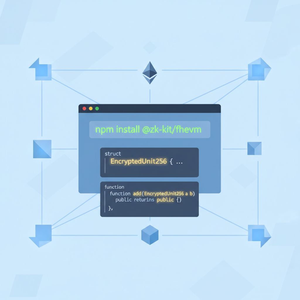 Package manager installing fhEVM library, Solidity code snippets with FHE types glowing, Ethereum nodes connecting