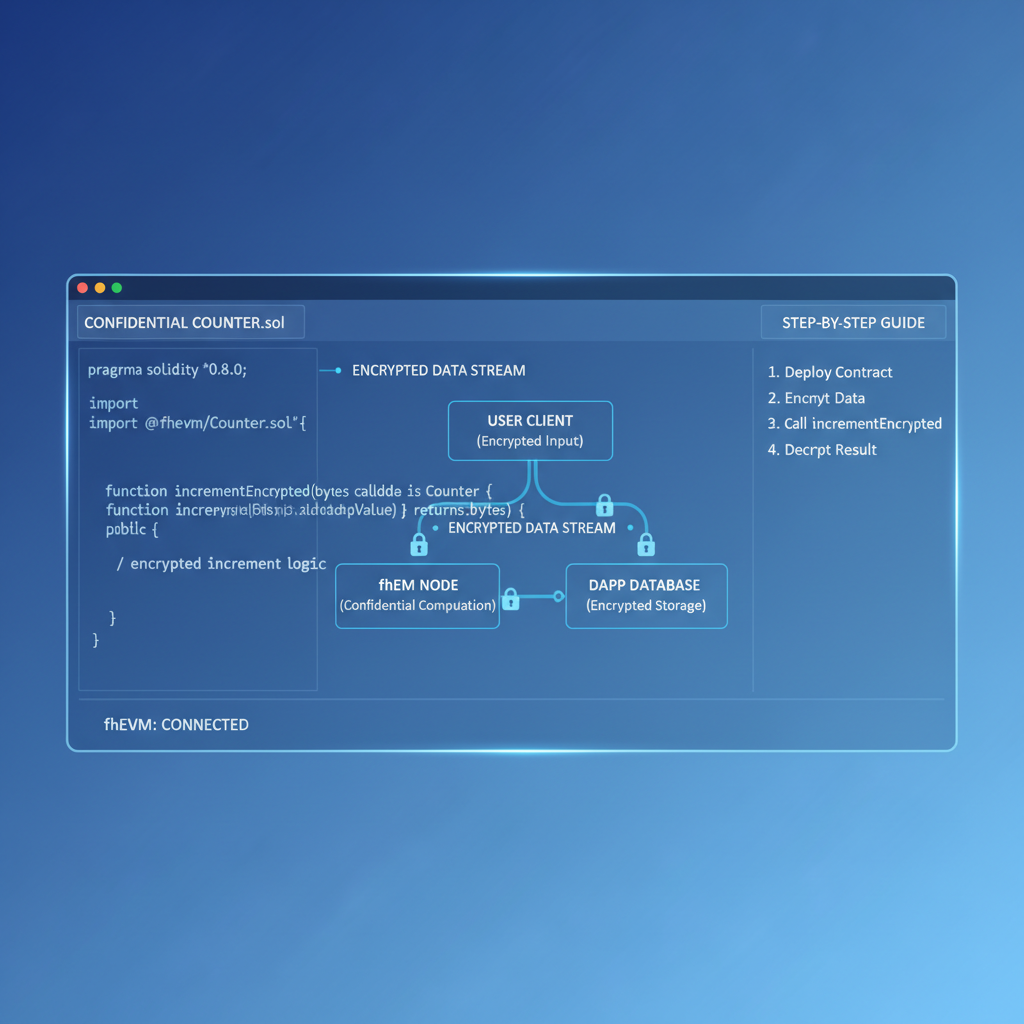 Solidity code editor with fhEVM confidential counter contract, encrypted data streams, blue holographic UI