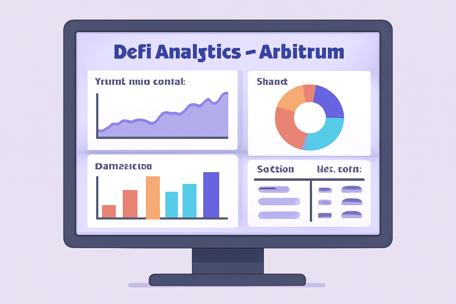 a computer screen displaying colorful DeFi analytics dashboards for Arbitrum, with charts and tables