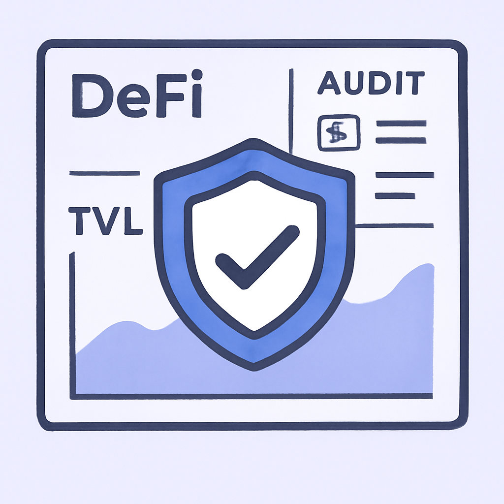 a shield icon overlaying a DeFi dashboard, with audit checkmarks and TVL graphs visible