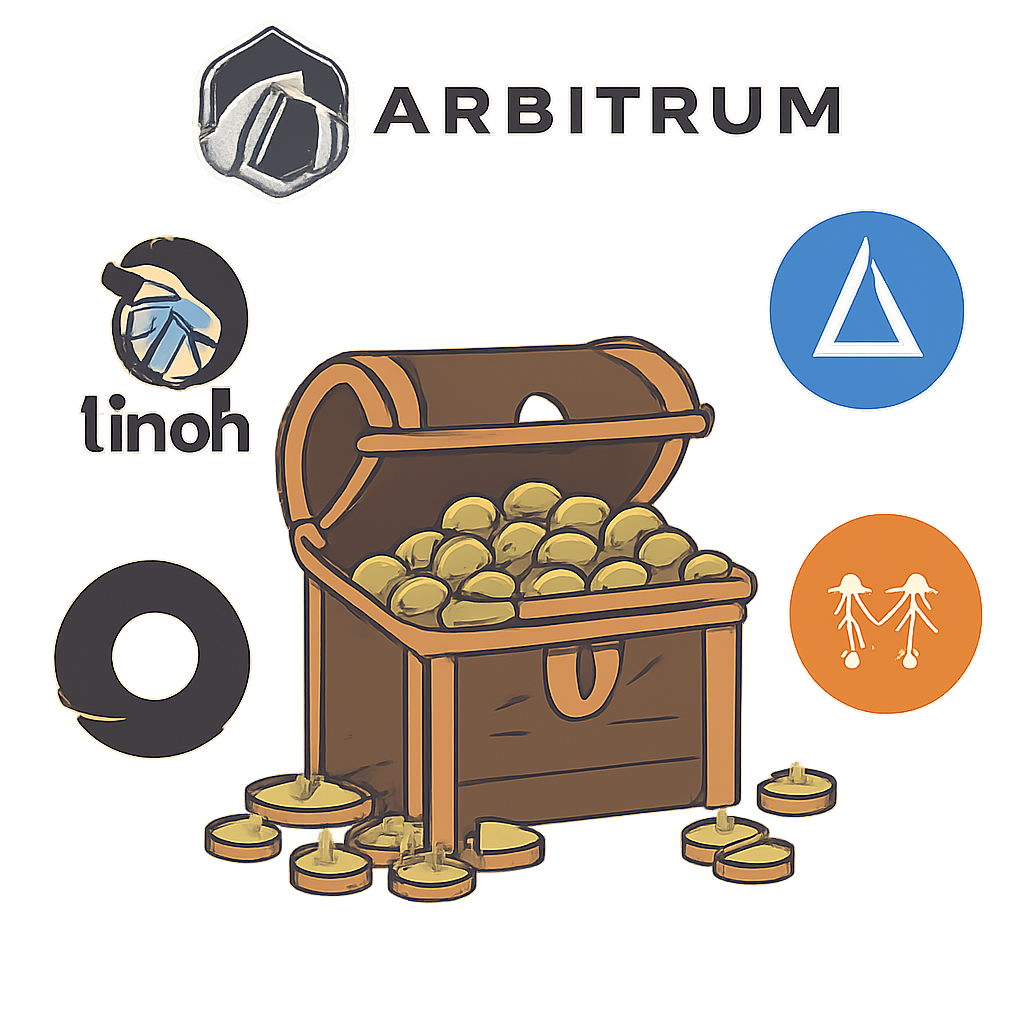 a treasure chest overflowing with coins, surrounded by aggregator platform logos and Arbitrum branding