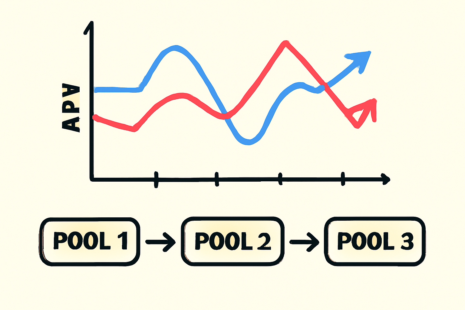 a graph showing fluctuating APY lines, with arrows indicating movement between different pools
