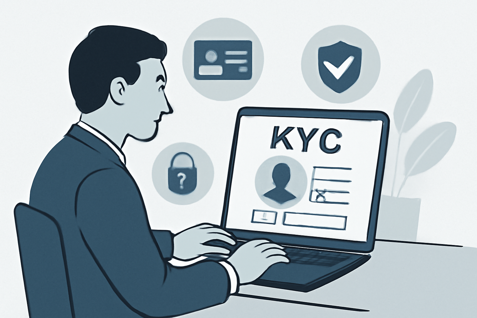 A user filling out a digital KYC form on a laptop, secure and professional atmosphere, identity verification icons.