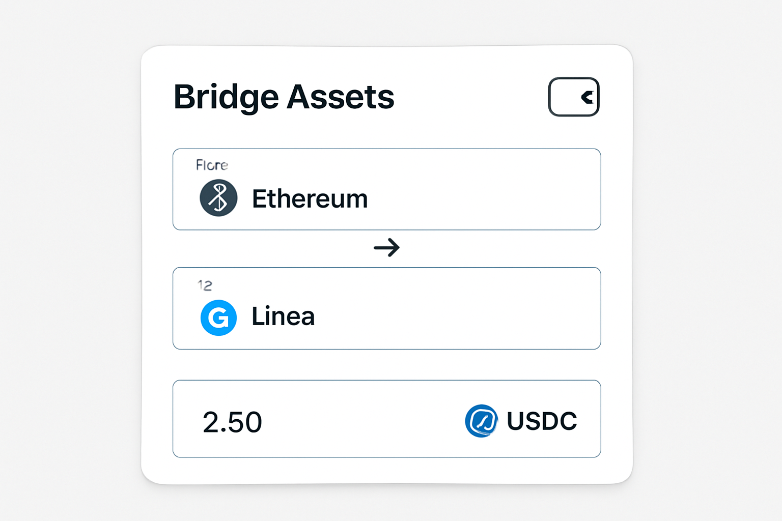 A digital wallet interface showing the bridging of crypto assets from Ethereum to Linea network, arrows indicating transfer, crypto icons.