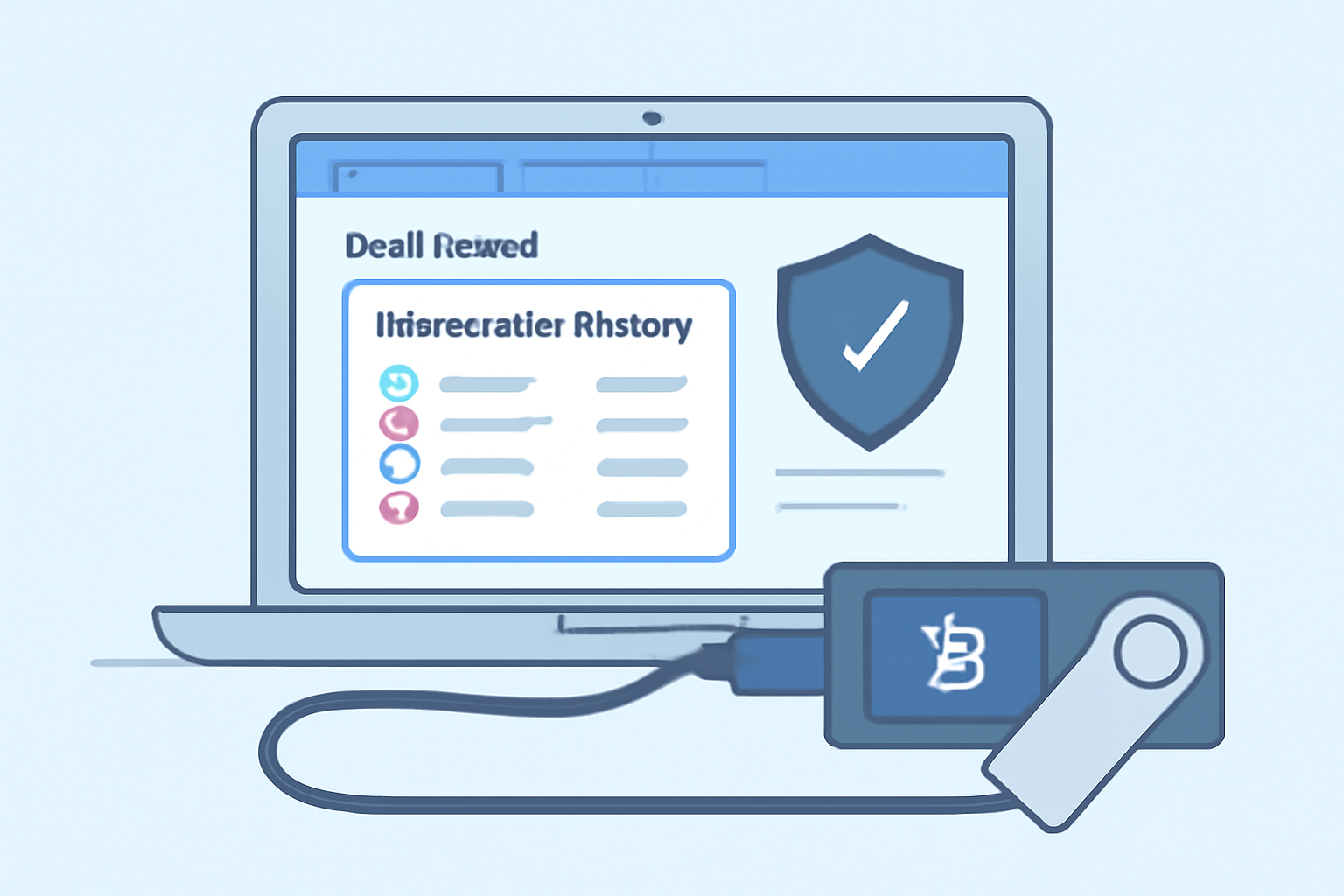 A hardware wallet connected to a laptop, with a digital dashboard showing transaction history and security features.