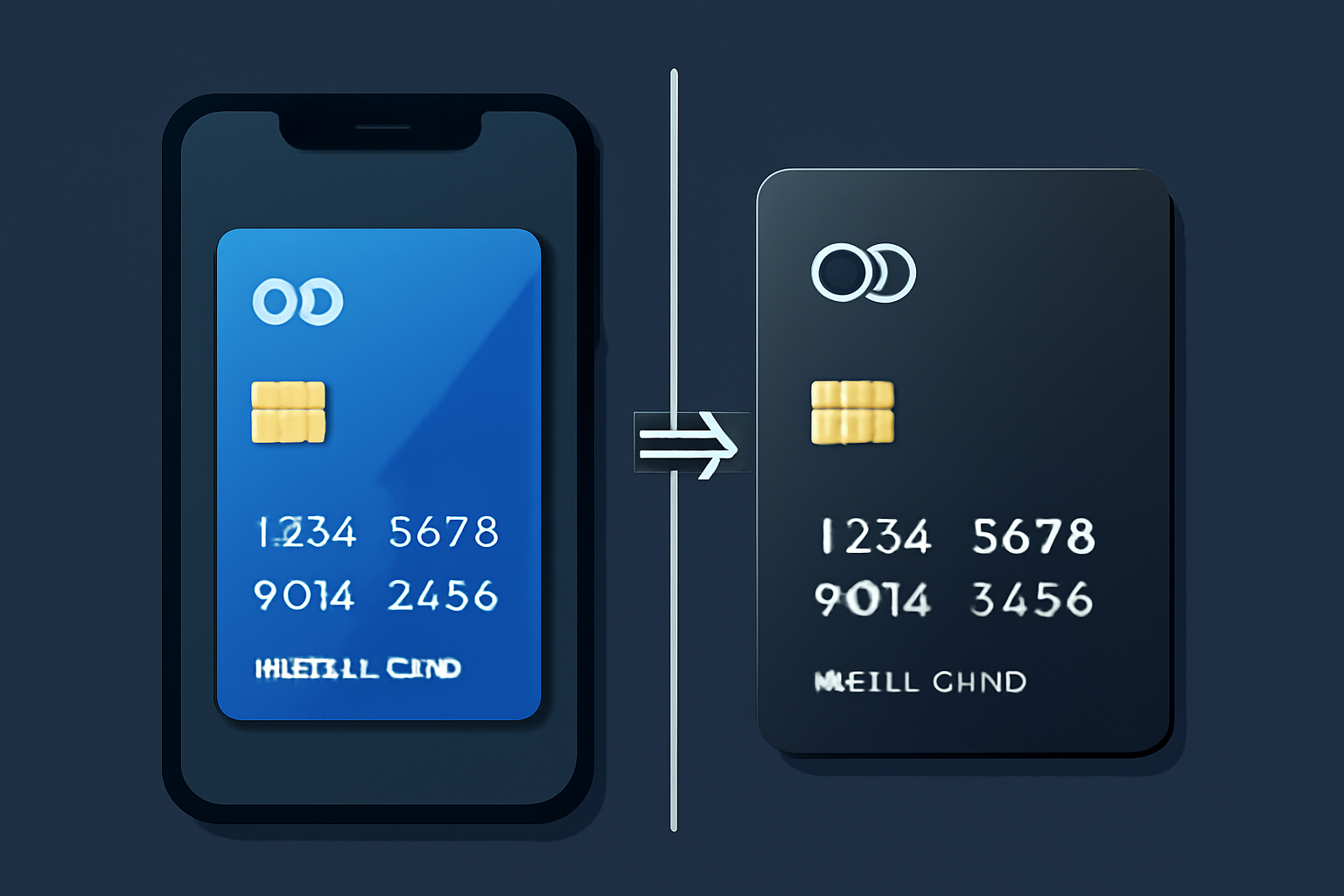 A comparison of a virtual card on a phone screen and a sleek metal physical card, side by side, high-tech style.