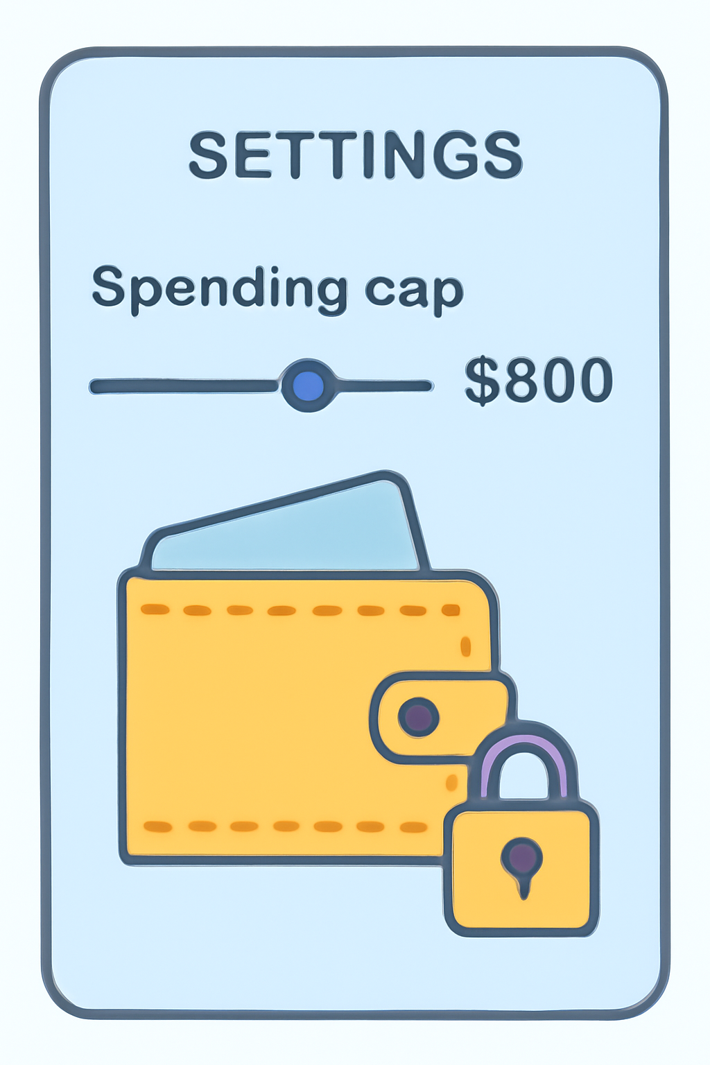 A settings screen with a slider to set a spending cap, digital wallet background, security lock icon.