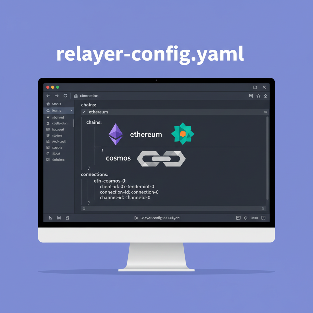 relayer config yaml file open in editor, ethereum and cosmos logos connected by chain link, professional ui
