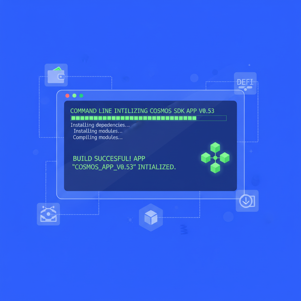 command line initializing cosmos sdk app v0.53, terminal output success message, futuristic blockchain icons