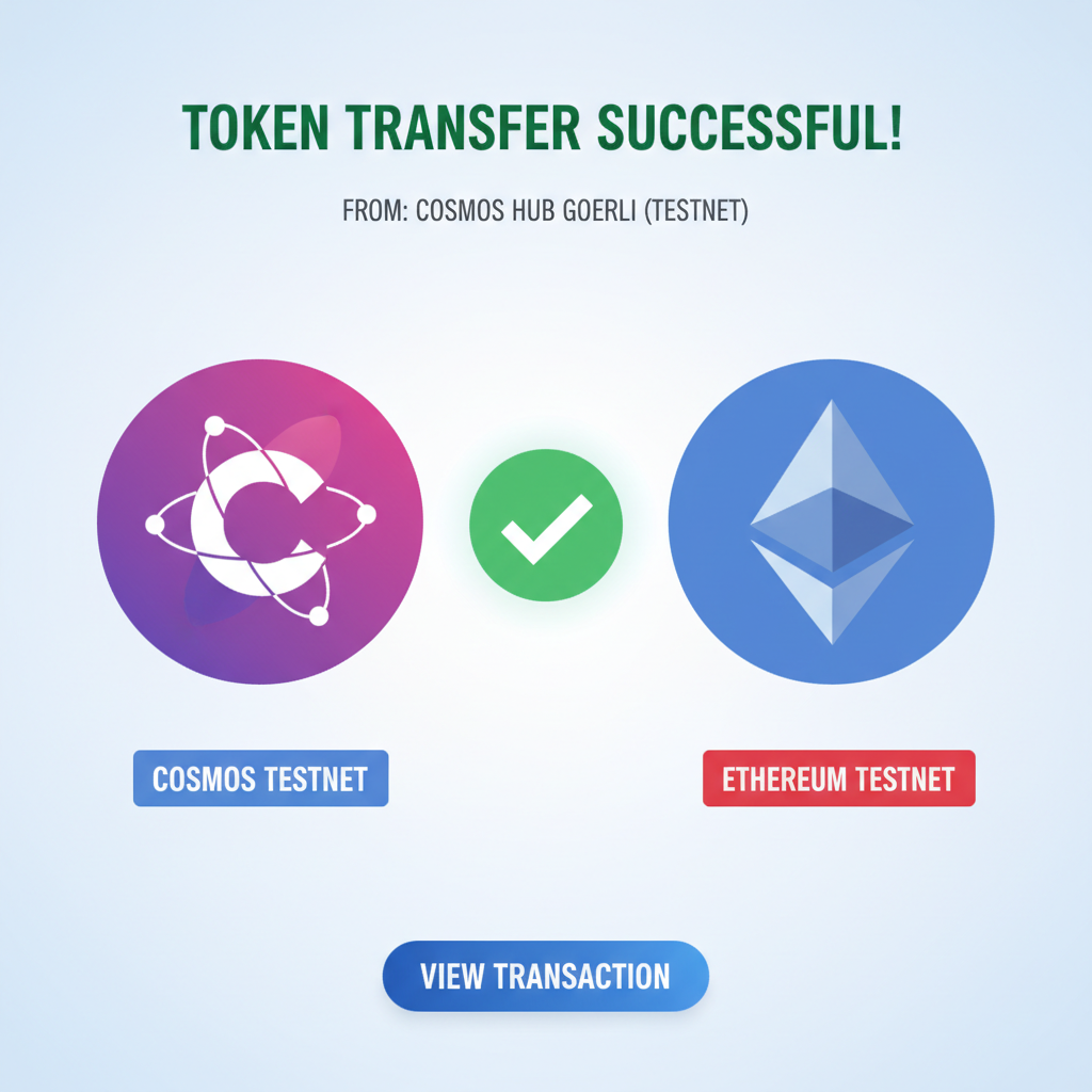 blockchain token transfer success screen, cosmos to ethereum icons with green checkmark, testnet badges