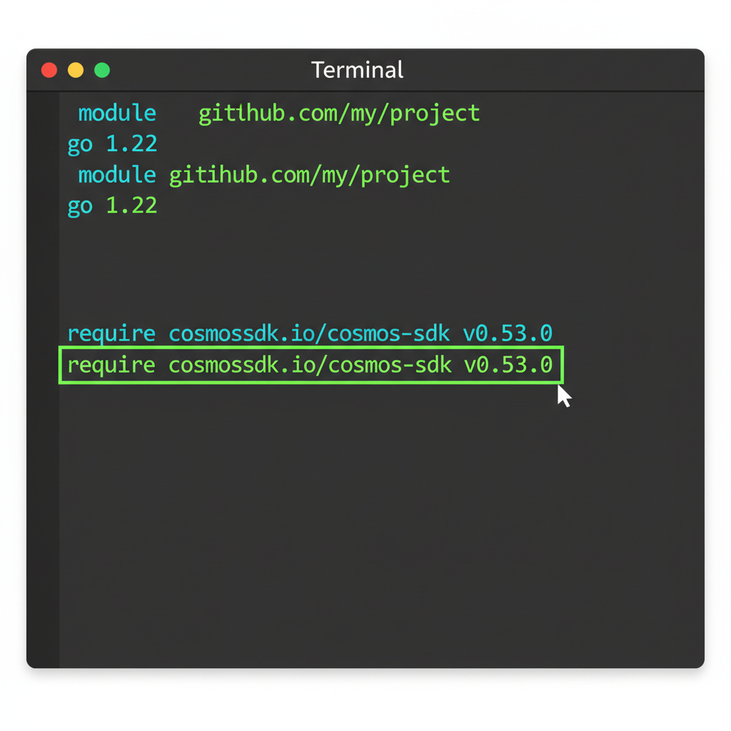terminal screen showing go.mod file edit with cosmos sdk v0.53 version highlighted, code syntax dark theme