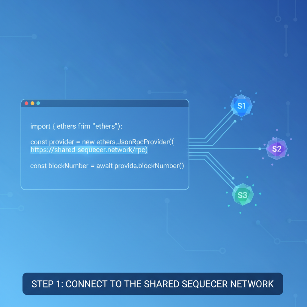 futuristic ethers.js code snippet connecting to glowing shared sequencer network nodes