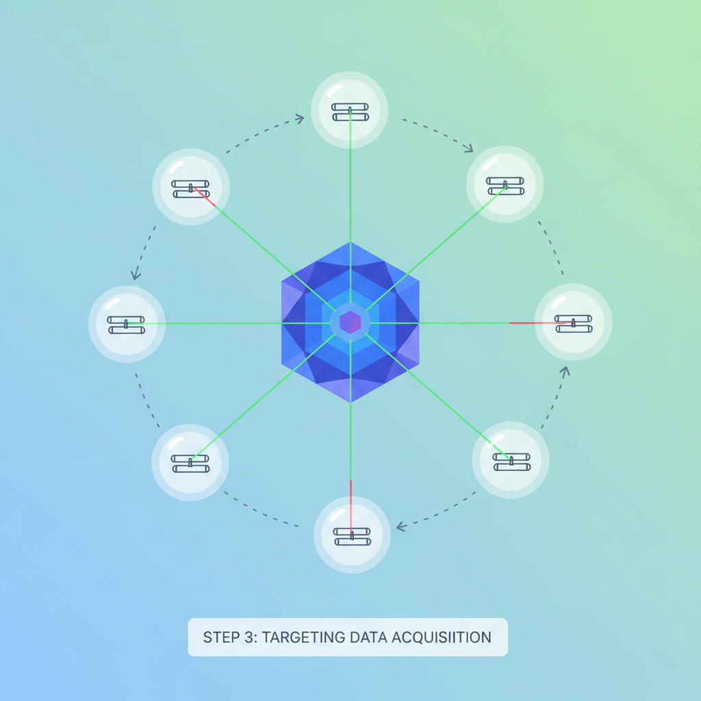 laser-focused targeting beams hitting multiple rollup orbs from a central sequencer hub