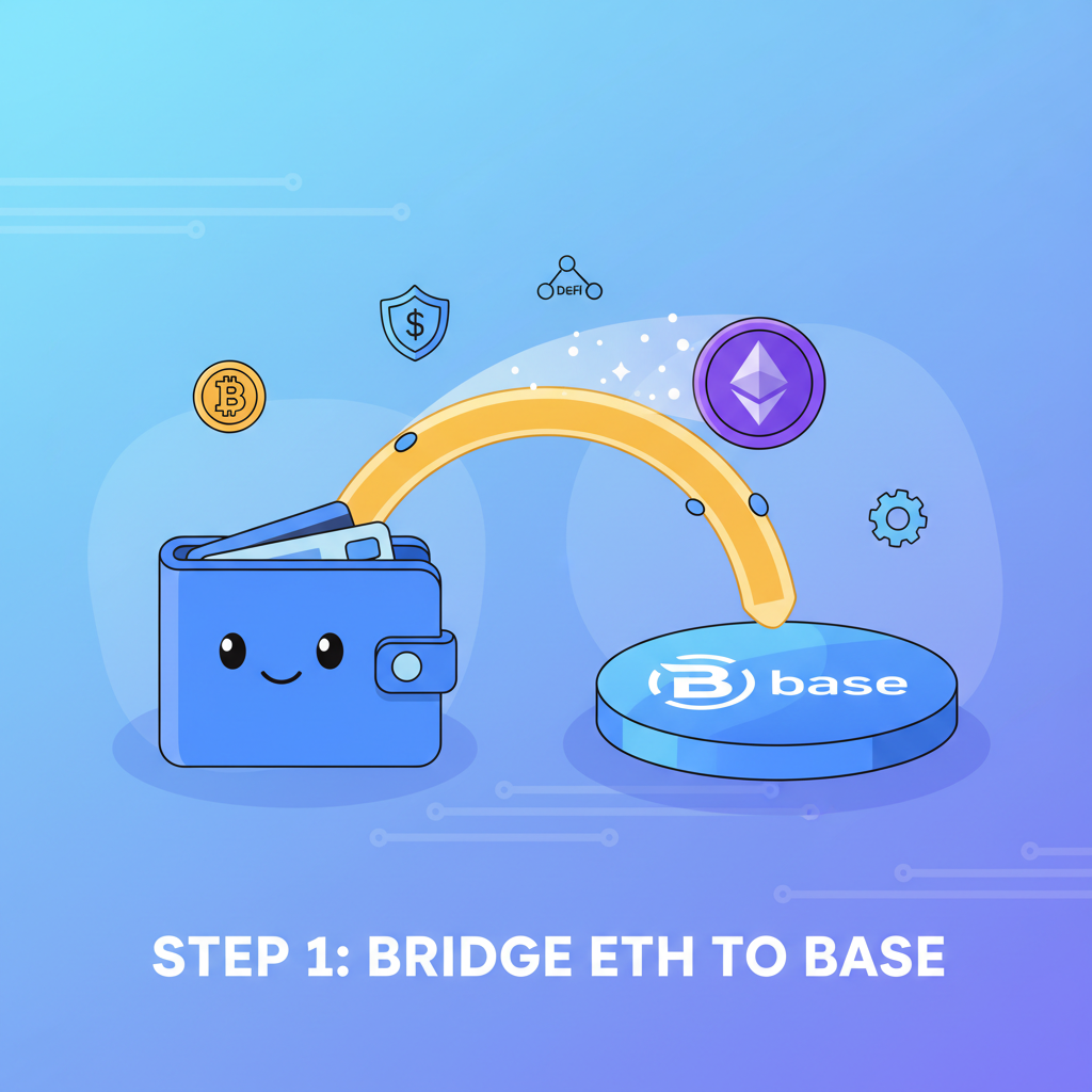 cartoon wallet bridging ETH to Base network, glowing bridge, crypto icons