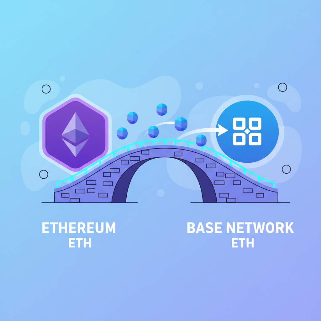 cartoon bridge transferring eth from ethereum to base network glowing portal