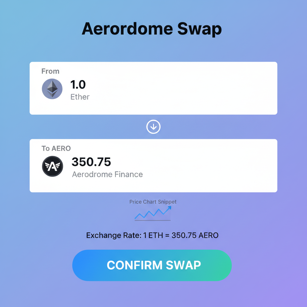 Aerodrome swap screen ETH to AERO, price chart snippet, confirm button