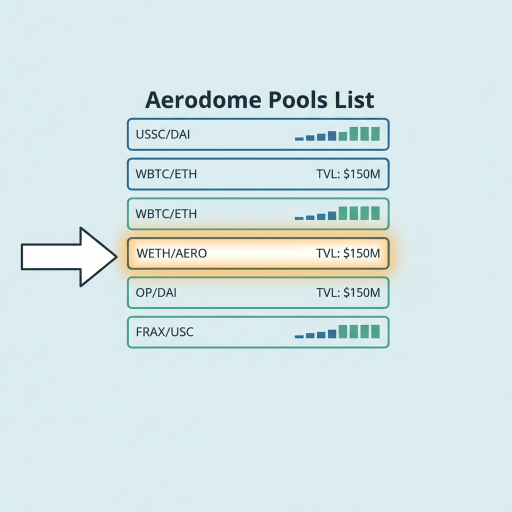 Aerodrome pools list, highlighted WETH/AERO pool, TVL bars